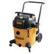 14-gallon DEWALT wet dry vacuum with large rear wheels, front caster wheels, and top handle for easy mobility