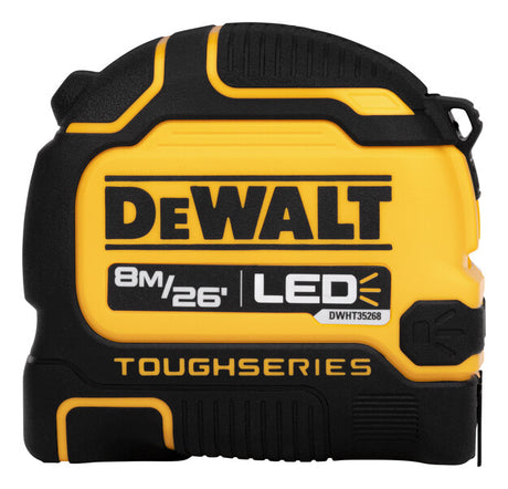 Yellow and black DEWALT ToughSeries 8m/26ft tape measure with integrated LED light and durable casing
