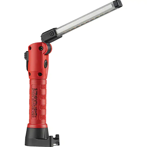 Red pivoting work lamp with 90 high-CRI LEDs, Color-Rite technology, and adjustable 180-degree light beam