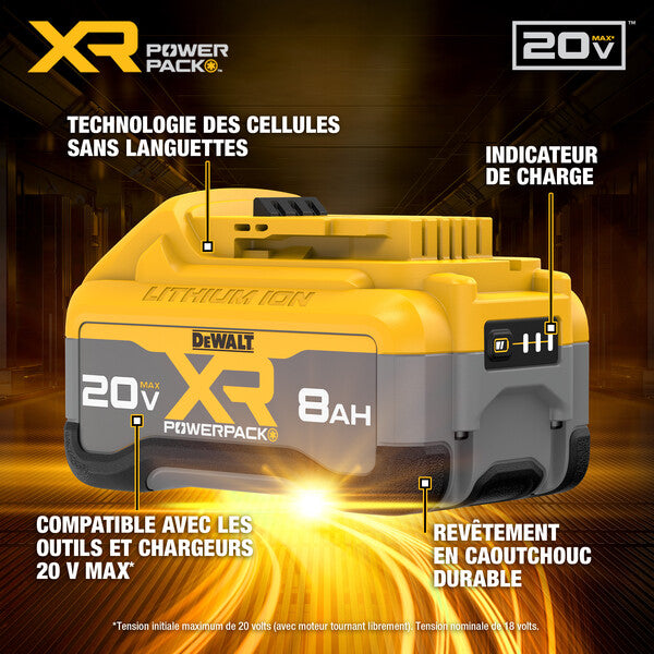 DeWalt 20V MAX XR Powerpack 8Ah lithium-ion battery with rubberized durable casing and integrated charge indicator