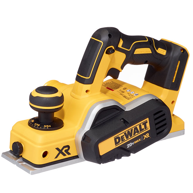 Cordless 20V DeWalt planer with 1/256 inch depth adjustment knob and precision-machined aluminum shoe plates