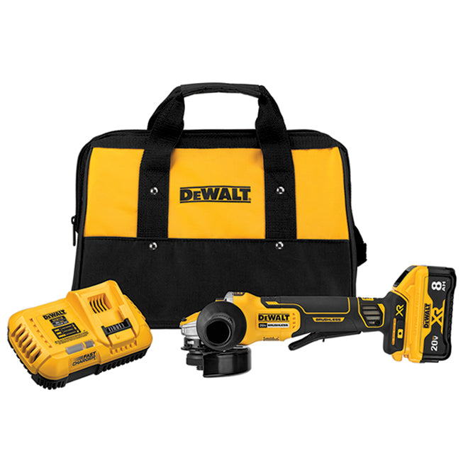 DeWalt cordless angle grinder kit with brushless motor, 20V 8Ah battery, charger, and carrying bag