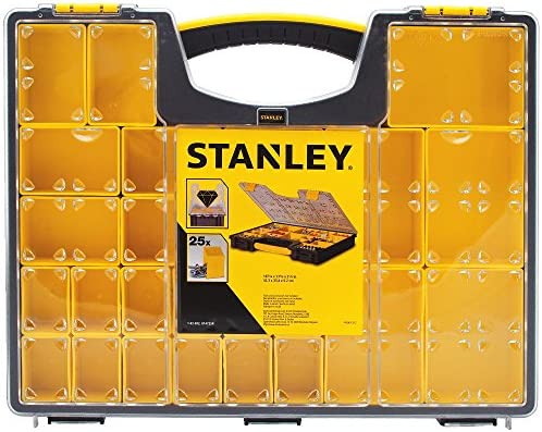 Portable organizer with 25 compartments, clear impact-resistant lid, removable storage cups in three sizes, and secure locking system