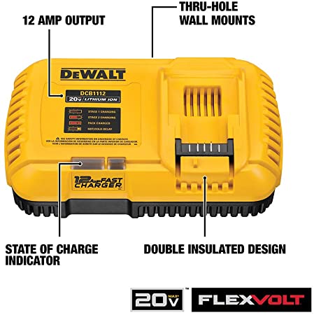 Yellow DEWALT 12 amp fast charger with state of charge indicator, double insulated design, and thru-hole wall mounts for 20V MAX FLEXVOLT batteries