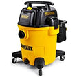30-liter wet and dry vacuum with 5.5 HP motor, durable yellow body, wheels for mobility, and robust Dewalt design