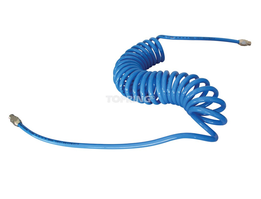 25ft blue coiled 1/4 inch air hose with 1/4 NPT male fittings for pneumatic tool applications