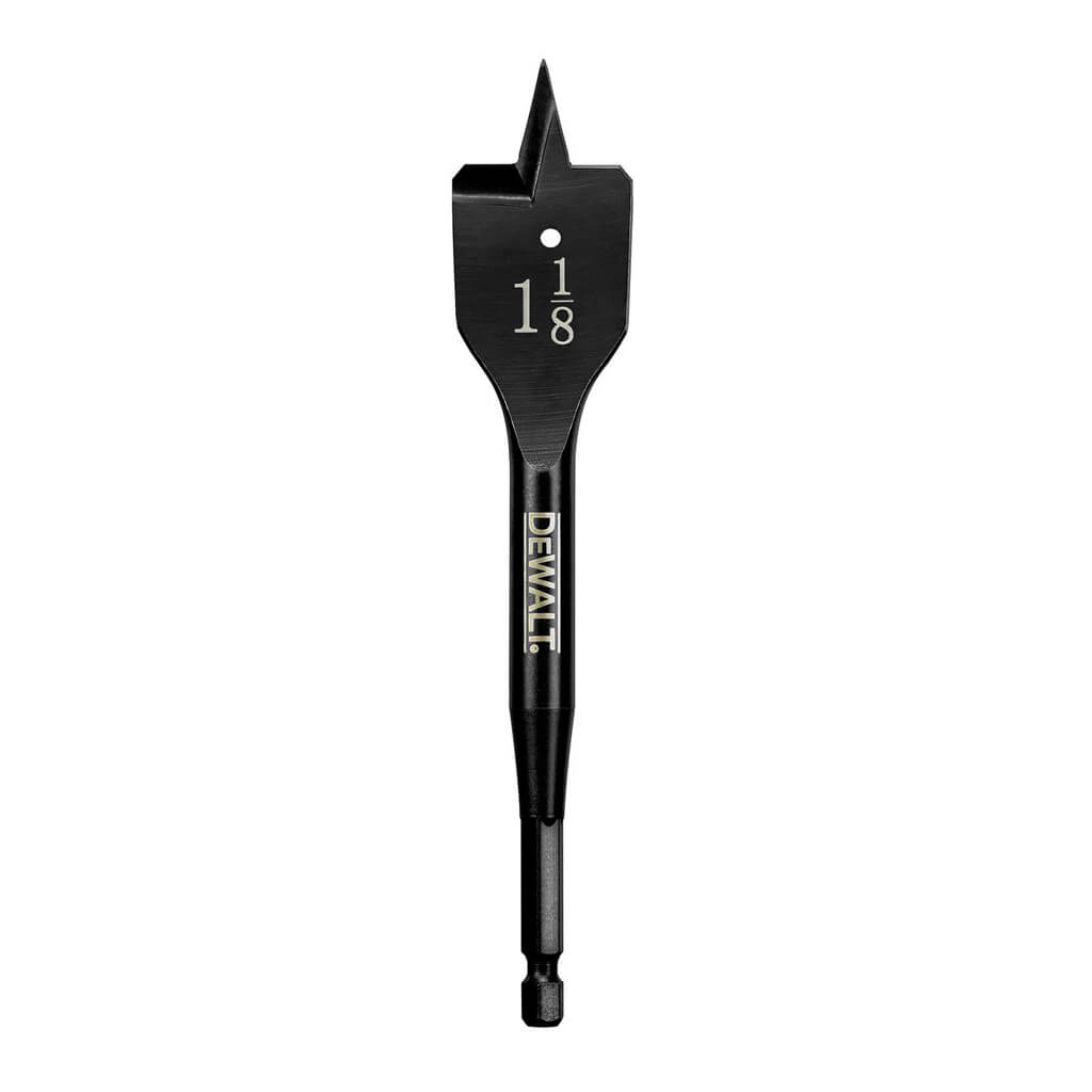 Heavy-duty Dewalt 1-1/8 inch spade drill bit with heat-treated full-length shank and sharp cutting spurs