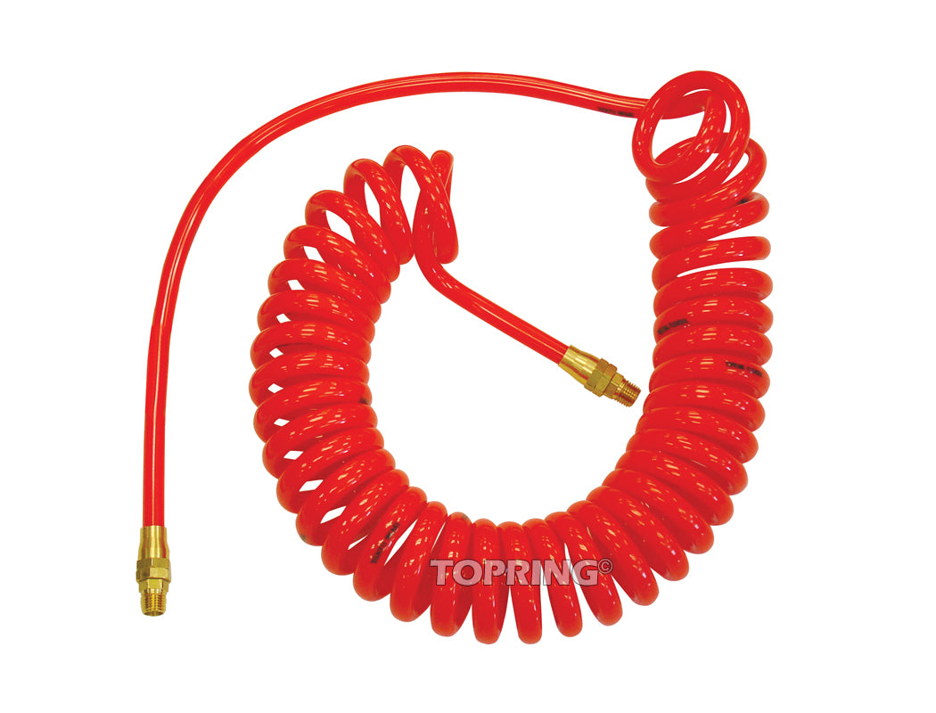 25ft red coiled air hose with 1/4 inch diameter and brass 1/4 NPT male fittings for pneumatic tools