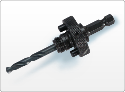 Mandrin hole saw arbor with hex shank and pilot drill bit for secure and precise hole cutting.