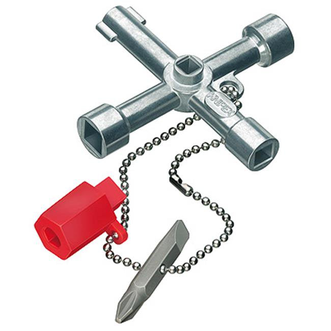 Universal metal cabinet key with multiple socket sizes, attached chain, red plastic handle, and screwdriver bit accessory