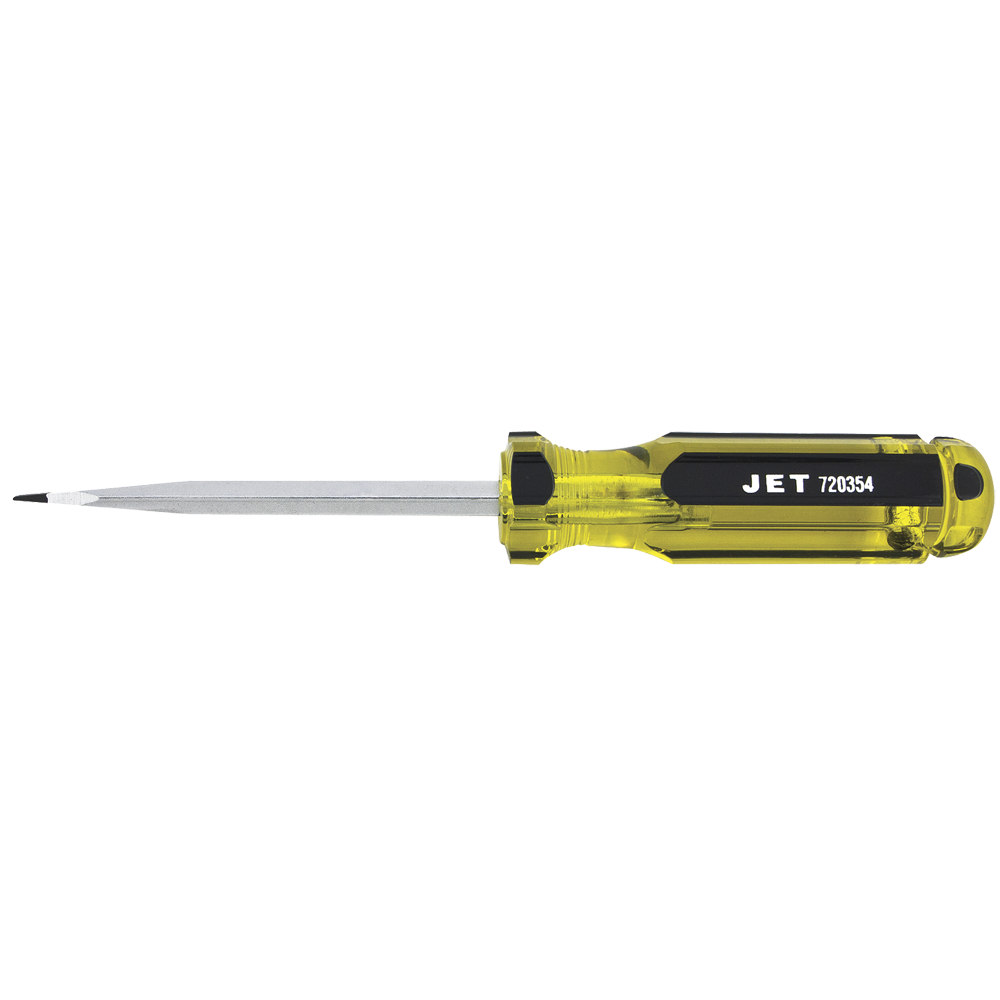 Jet flathead screwdriver with enlarged grooved acetate handle for maximum torque and chemical resistance