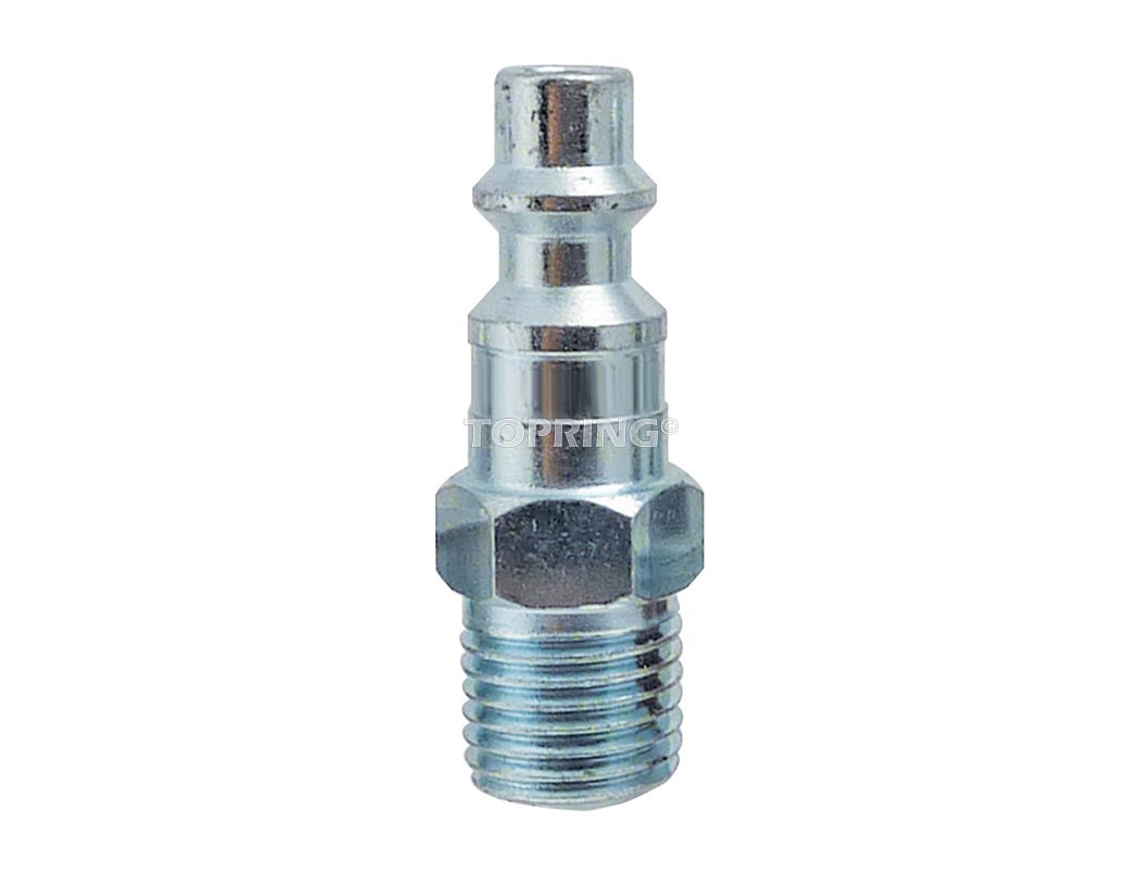 Zinc-plated steel 3/8" NPT male plug compatible with industrial 1/4" fittings for air and fluid connections