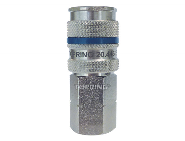 Steel quick connect air hose fitting with 1/4 inch industrial male and 3/8 inch female NPT threads, durable design