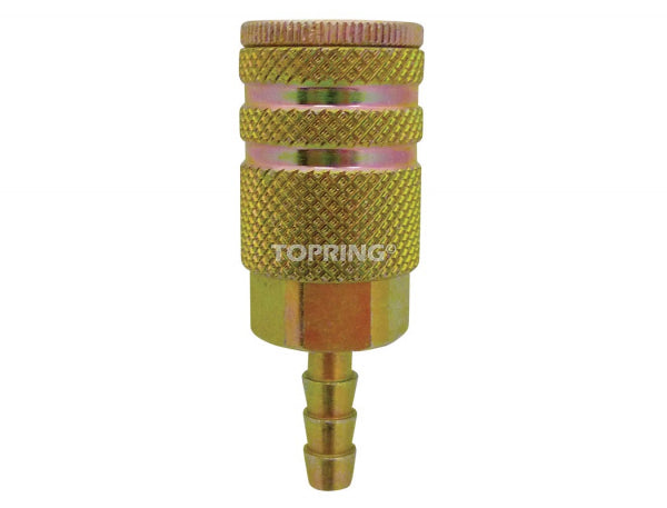 Brass 1/4 inch barb quick-connect air hose fitting with textured grip and threaded base for secure attachment