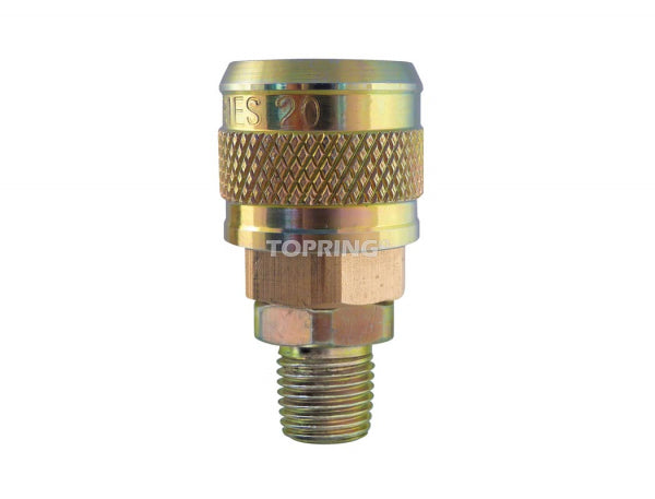 1/4 inch male NPT air fitting with brass construction, knurled grip, and threaded connection for 250 PSI max pressure