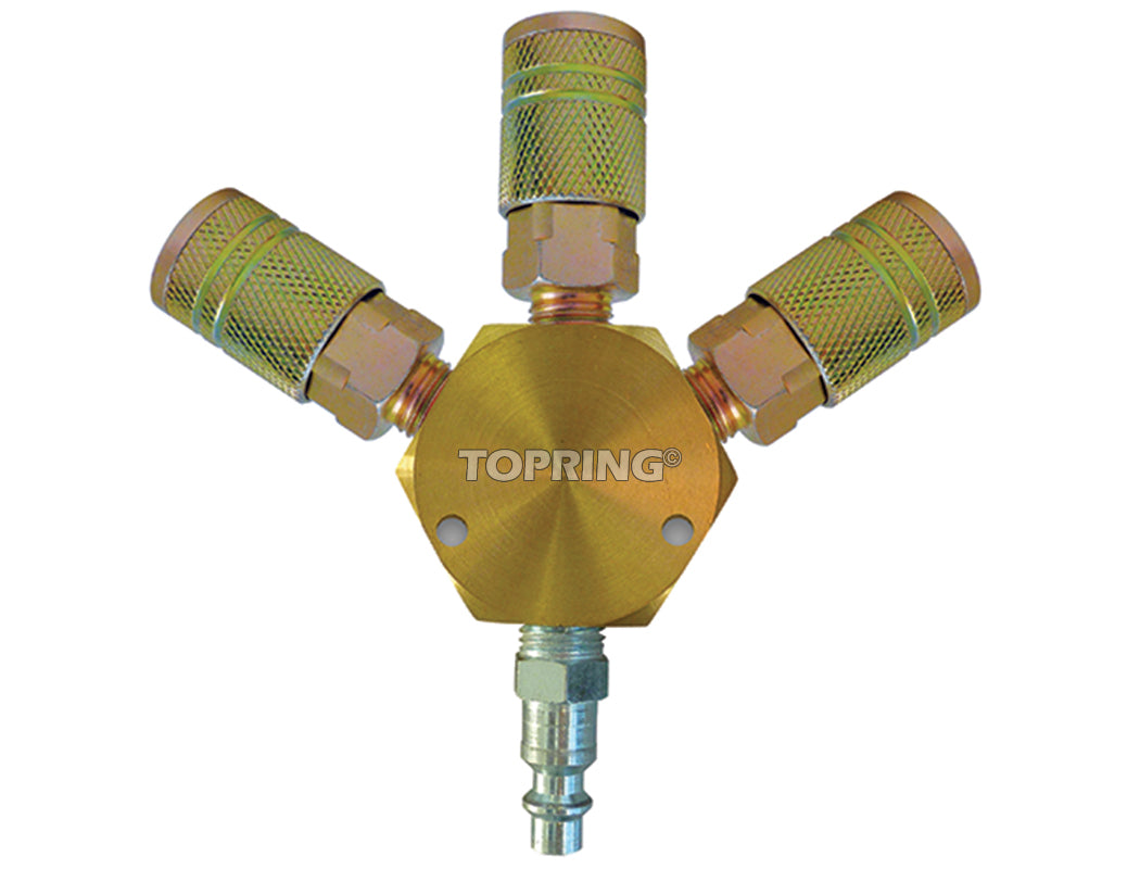 Brass 3-way distributor with three 1/4 inch female NPT fittings and one quick-connect fitting for air distribution systems