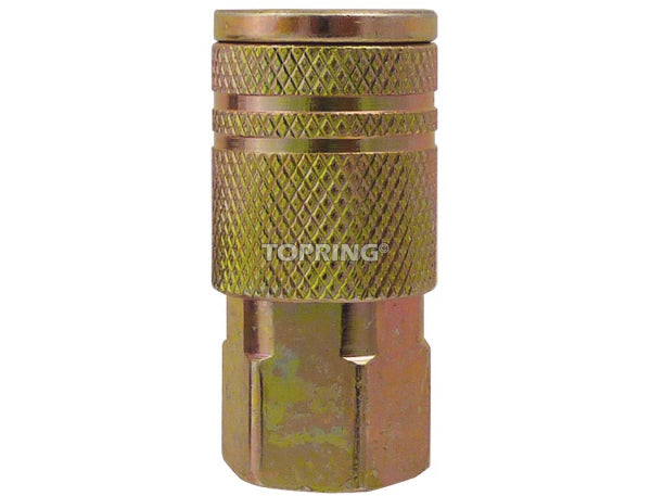 Brass air coupling with 1/4 (F) NPT threading, knurled grip, supporting up to 250 PSI pressure usage