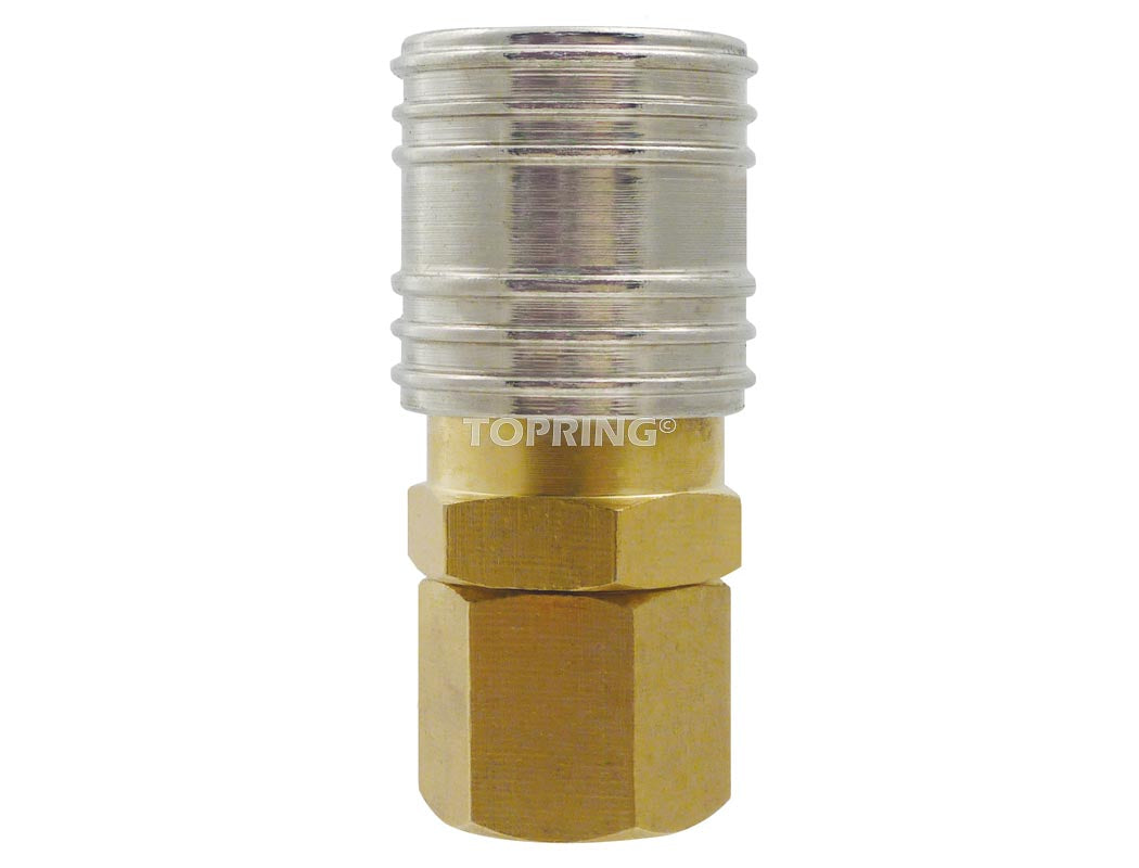 1/4" NPT female manual brass air fitting with corrosion-resistant plating and threaded connection for 250 PSI pressure use