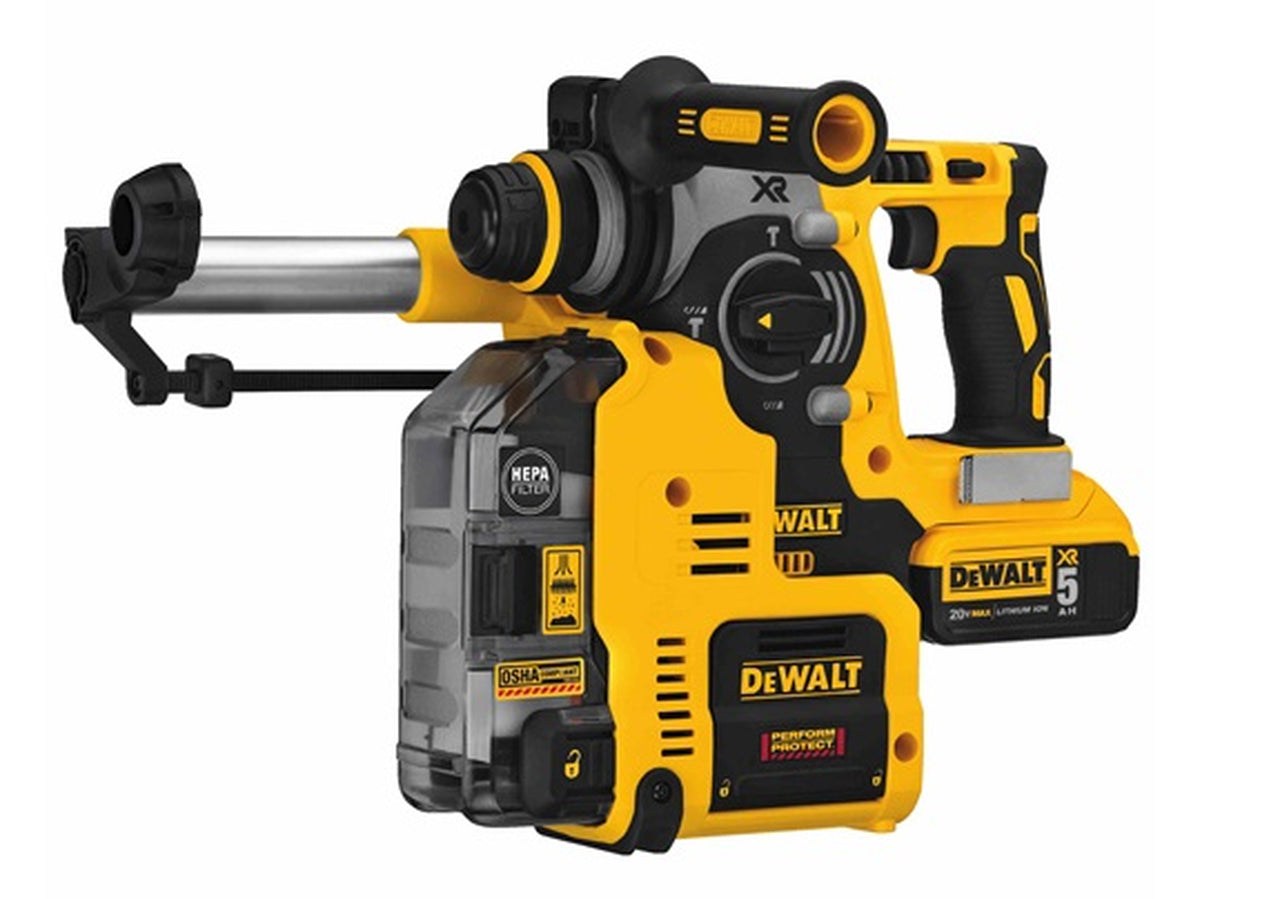 Cordless rotary hammer drill with brushless motor, HEPA filter dust extractor, and ergonomic yellow and black design