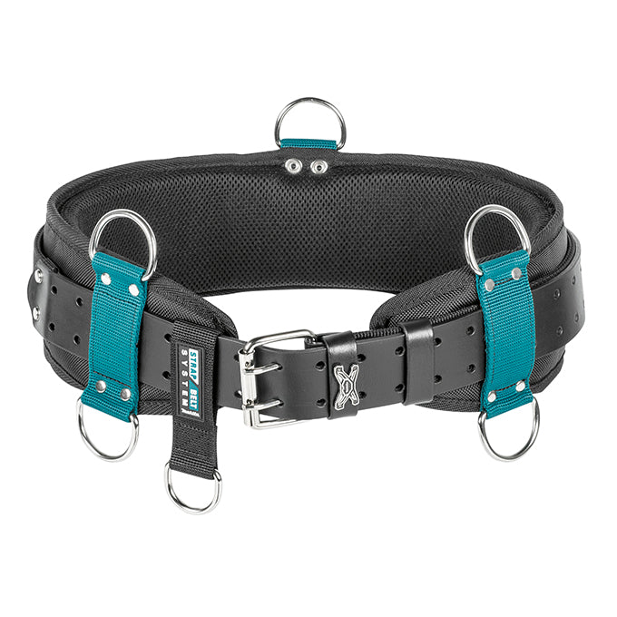 Padded Makita work belt with durable leather strap and three metal D-rings for attaching tool pouches and suspenders
