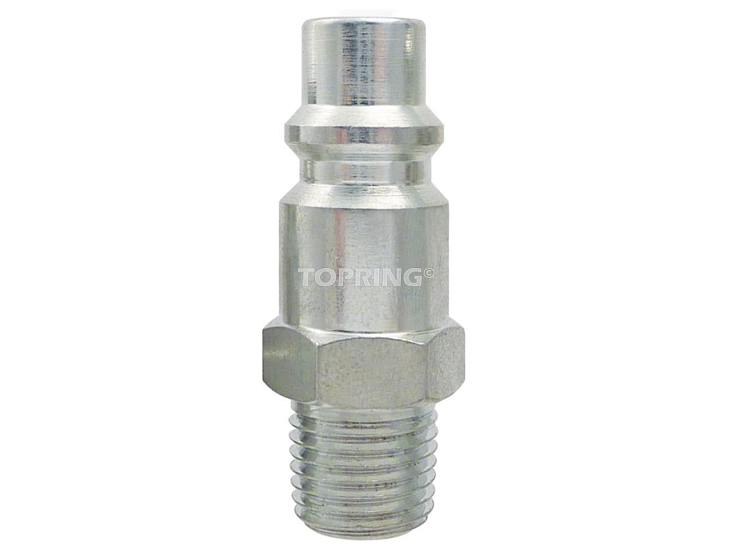 Zinc-plated steel 1/4 inch NPT male plug end with hardened surface, compatible with 3/8 industrial fittings