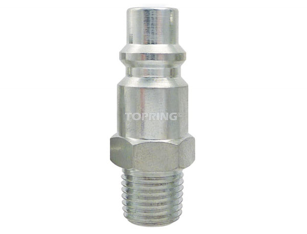 Zinc-plated steel 3/8 NPT male industrial plug with hardened surface and threaded fitting for air systems