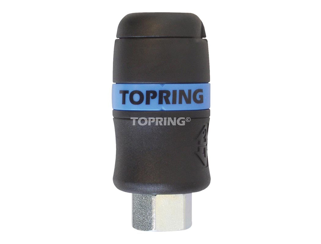 3/8" female NPT Topring quick-connect air hose fitting with protective black and blue casing
