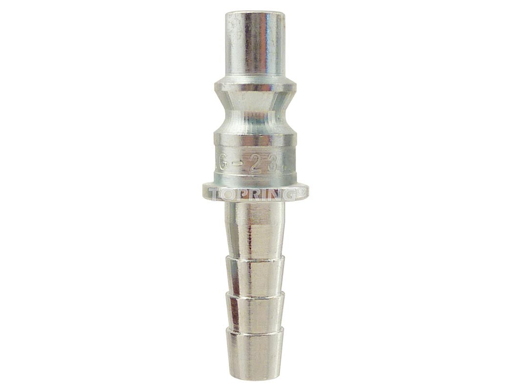 Zinc-plated steel 1/4" barb fitting with 3/8" diameter, compatible with ARO 210 connectors, hardened surface treatment