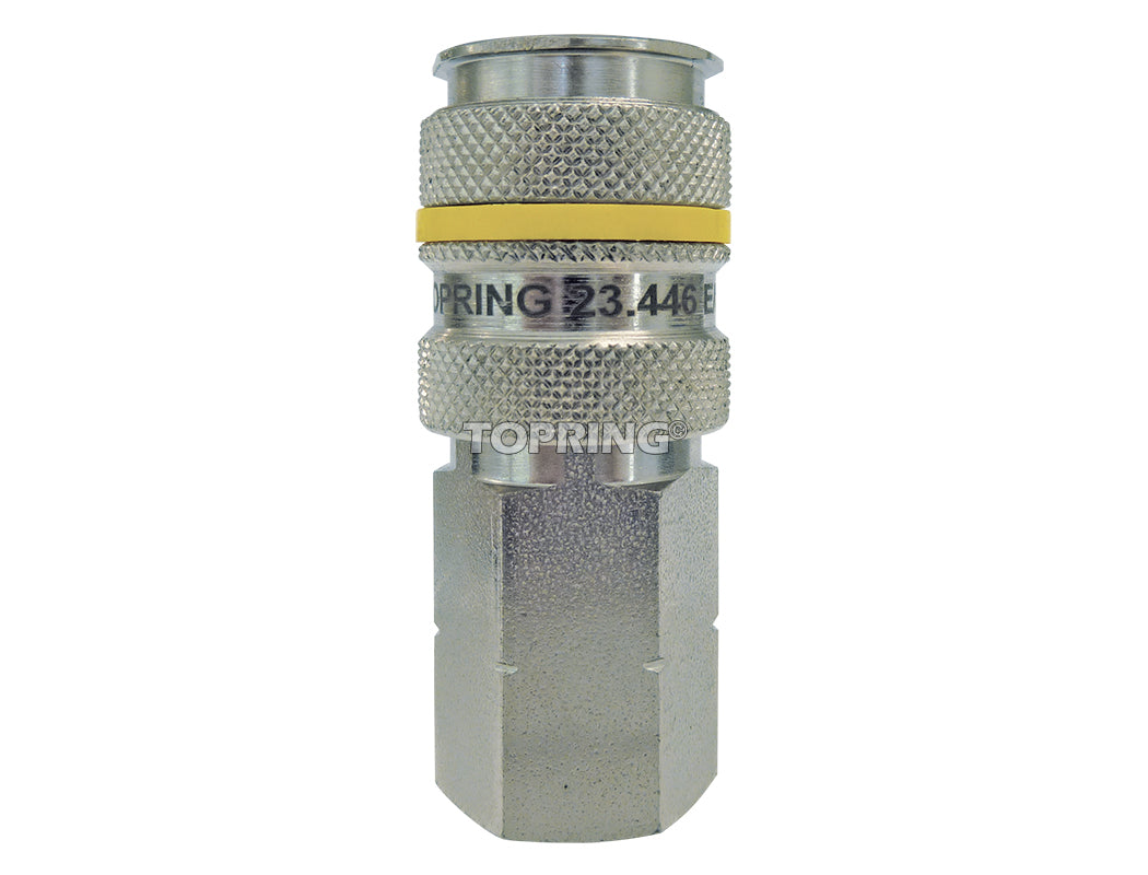 1/4 inch female NPT Quicksilver quick connect air hose coupling with metal knurled grip and pressure seal ring