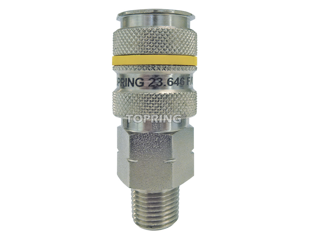 1/4 inch male NPT quicksilver air coupling with textured grip and stainless steel construction for high-pressure air tools