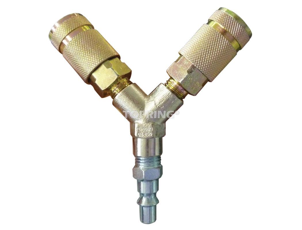 Dual outlet brass air distributor with 1/4-inch NPT fittings, 250 PSI max pressure, and knurled connectors