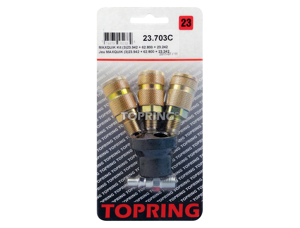 Set of three Maxquik quick couplers with brass fittings and 1/4 inch NPT connectors for air tools and accessories