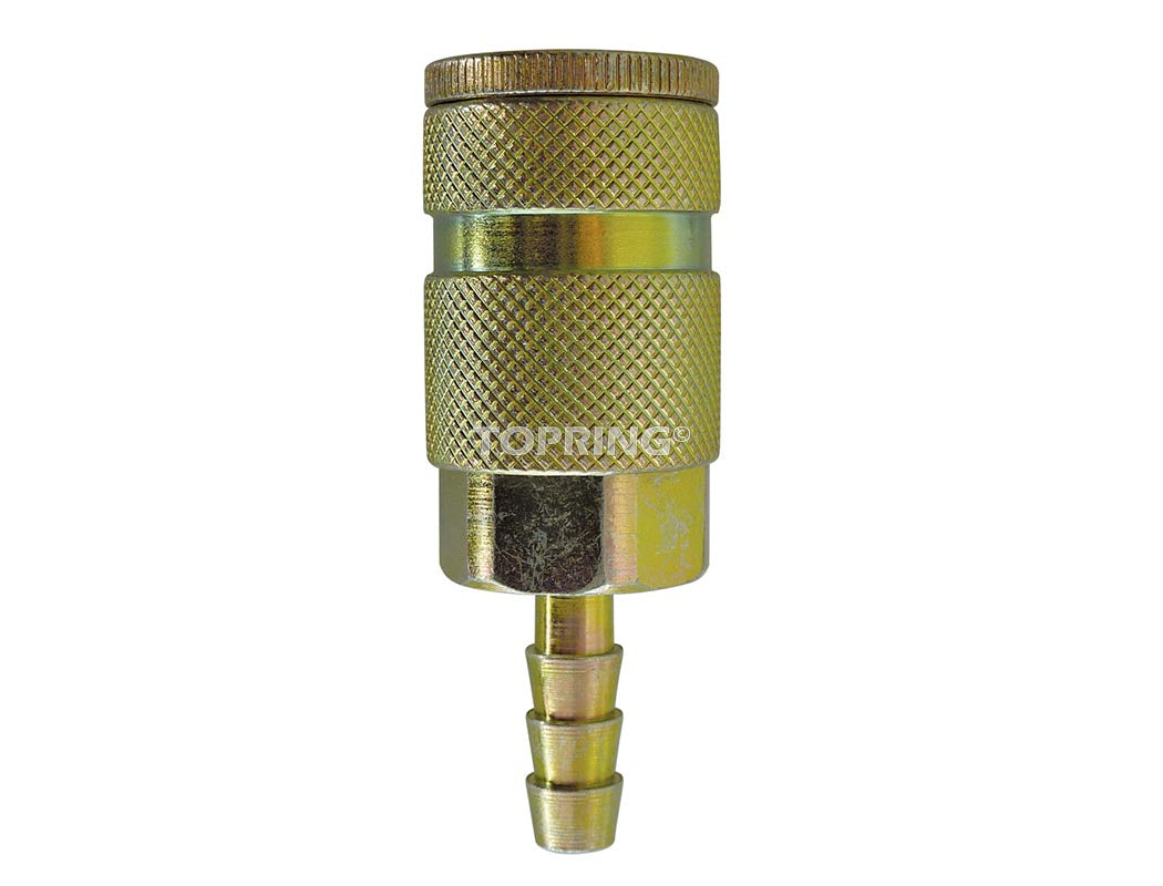 3/8 inch barb air coupler with knurled brass body, pressure rated to 250 PSI and temperature range -40 to 107 °C