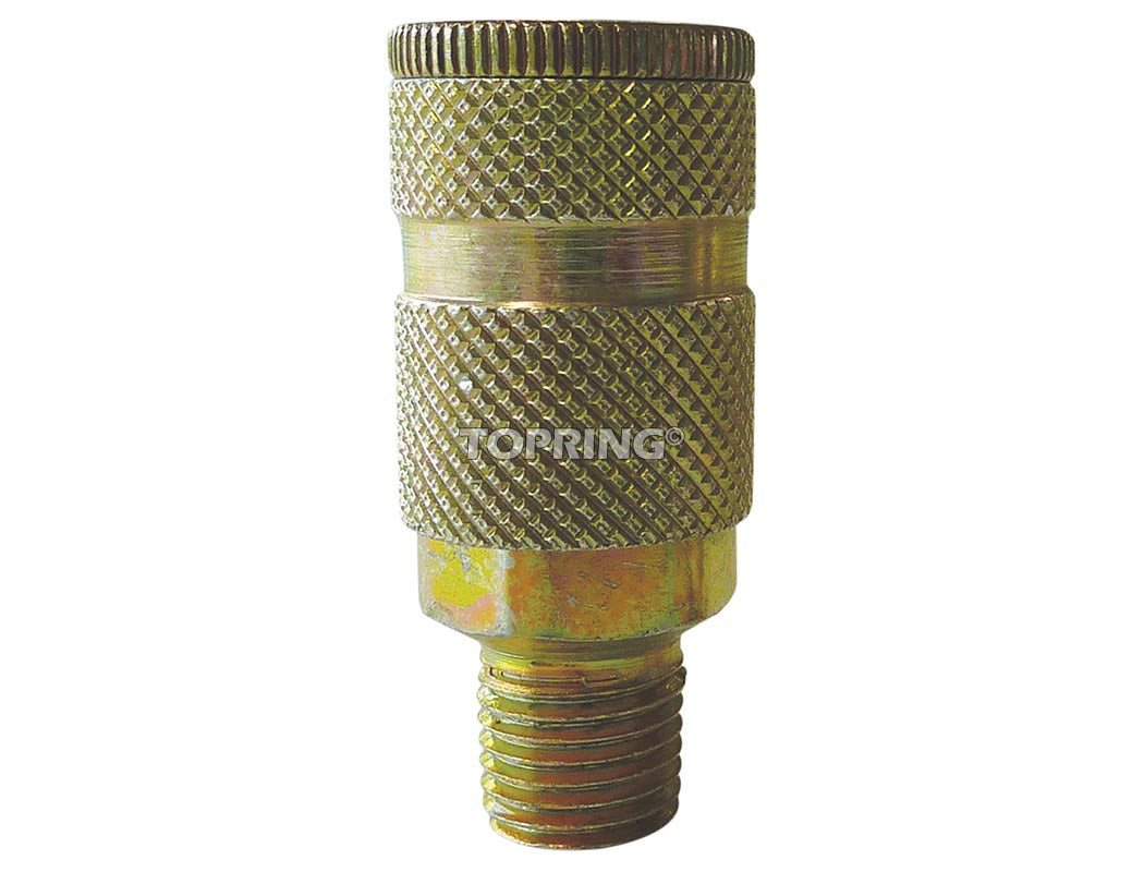 1/4 inch male NPT air quick coupler with knurled grip and brass corrosion-resistant body for industrial use