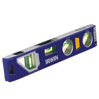 9-inch blue IRWIN magnetic level with cast aluminum body, integrated 1.5° drain button, and Plumb Site vial system