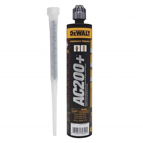 9.5 oz DeWalt AC200+ two-component acrylic injection adhesive cartridge with mixing nozzle for concrete anchoring