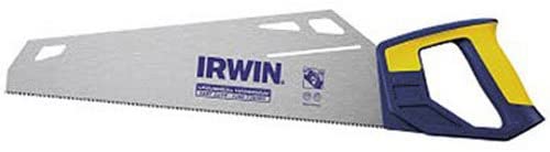 15-inch Irwin hand saw with triple-cut teeth for faster cutting and ergonomic yellow and blue handle design