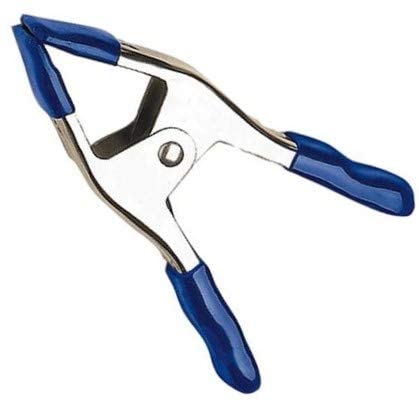 3-inch metal spring clamp with cushioned blue grips for enhanced comfort and secure holding.