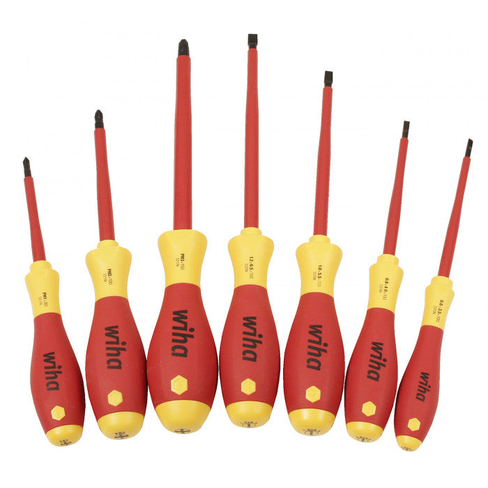 7-piece insulated Wiha screwdriver set with SoftFinish® grip, flat and Phillips tips, made in Germany