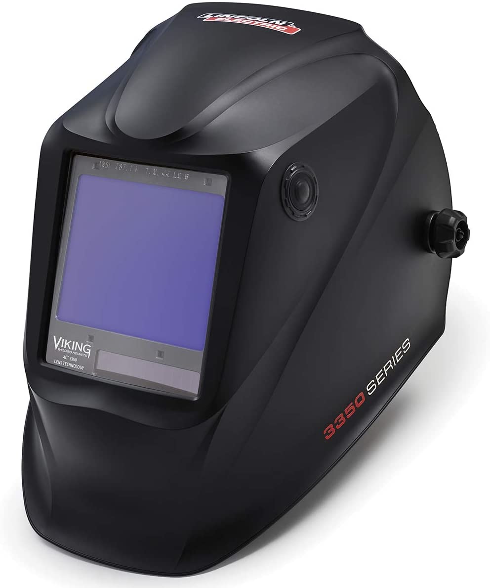 Black Lincoln Viking 3350 Series auto-darkening welding helmet with adjustable headgear and large viewing lens