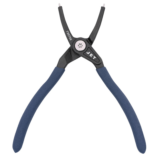 Jet snap ring pliers with straight and bent hardened SUJ2 steel tips and blue ergonomic handles for heavy-duty use