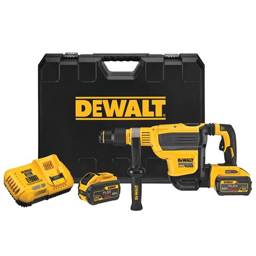DeWalt cordless rotary hammer kit with two 9Ah FLEXVOLT batteries, charger, auxiliary handle, and carrying case
