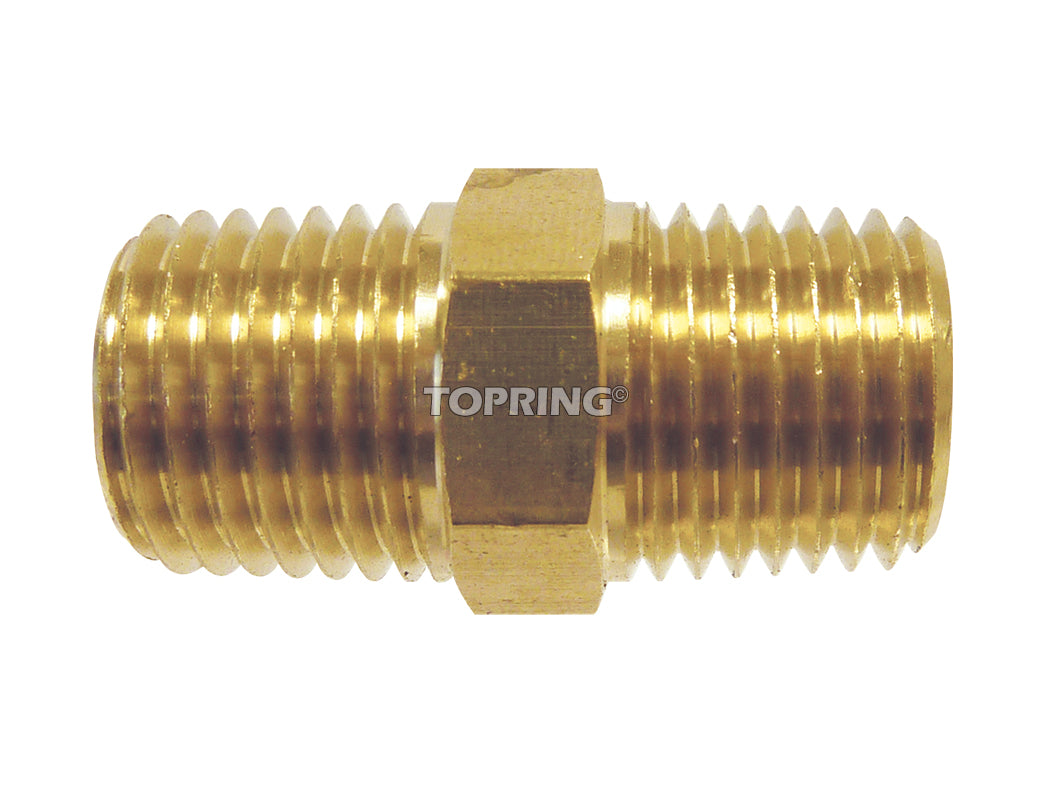 Brass male fitting 1/2 inch NPT threaded with hexagonal center for secure air and fluid connections, max 1000 PSI pressure
