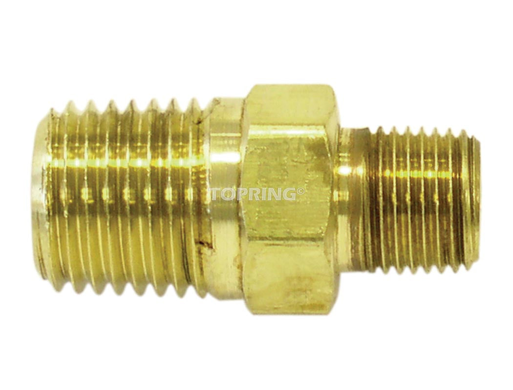 Brass reducer fitting with 3/8-inch male NPT and 1/4-inch male NPT threads, rated for 1000 PSI pressure