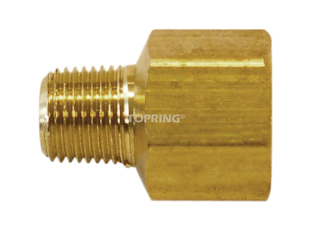 Brass reducer fitting with 1/2 inch male NPT and 1/4 inch female NPT threads, rated for 1000 PSI pressure