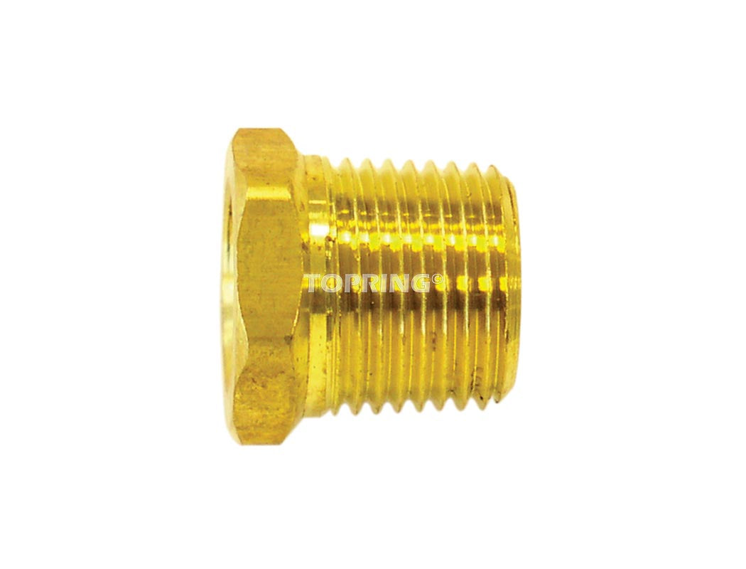 Brass pipe reducer fitting with 1/2 inch male NPT and 3/8 inch female NPT threads, high pressure rated