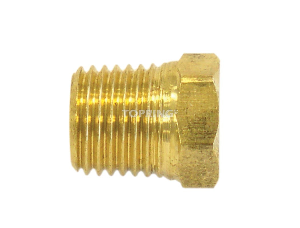 Brass hex head plug with 1/8 inch male NPT thread, rated for 1000 PSI and -54 to 121°C use