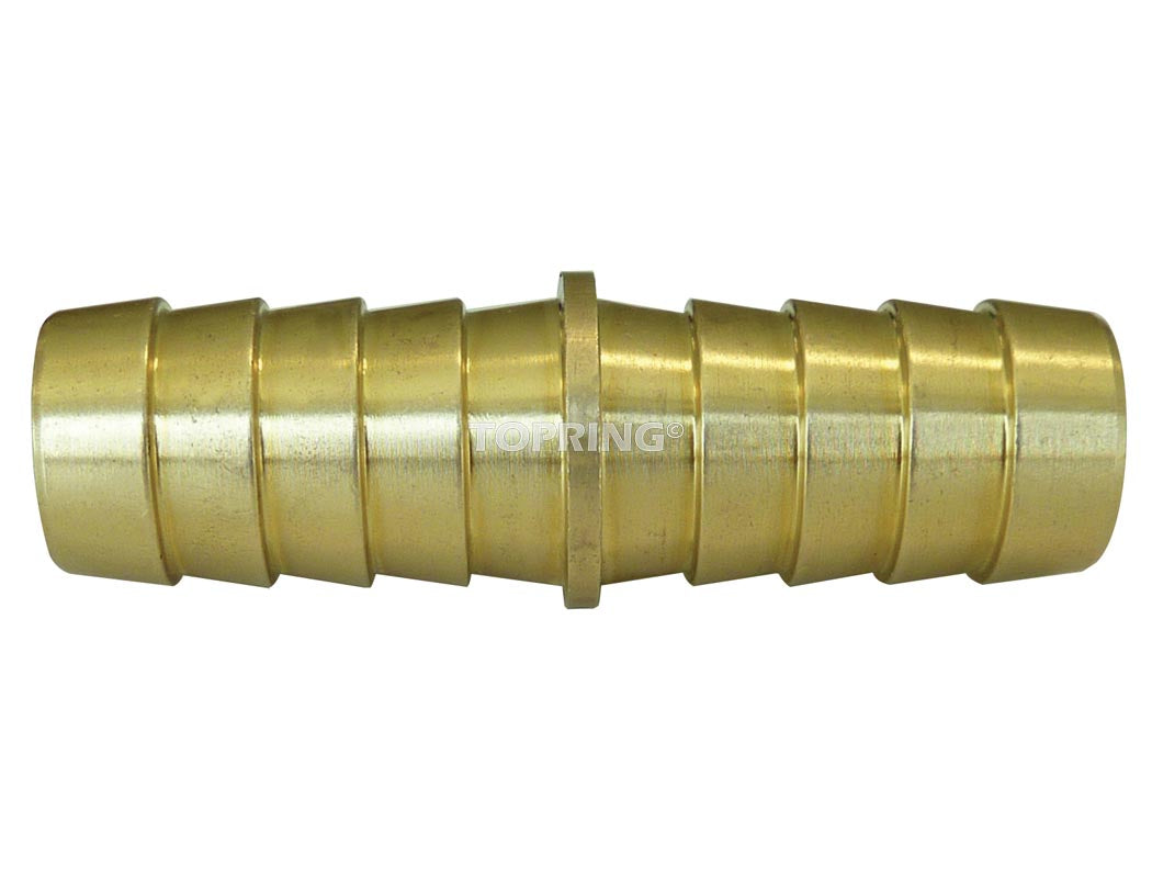Brass 1/2 inch hose barb fitting with dual ribbed ends for secure air or fluid hose connections up to 150 PSI pressure