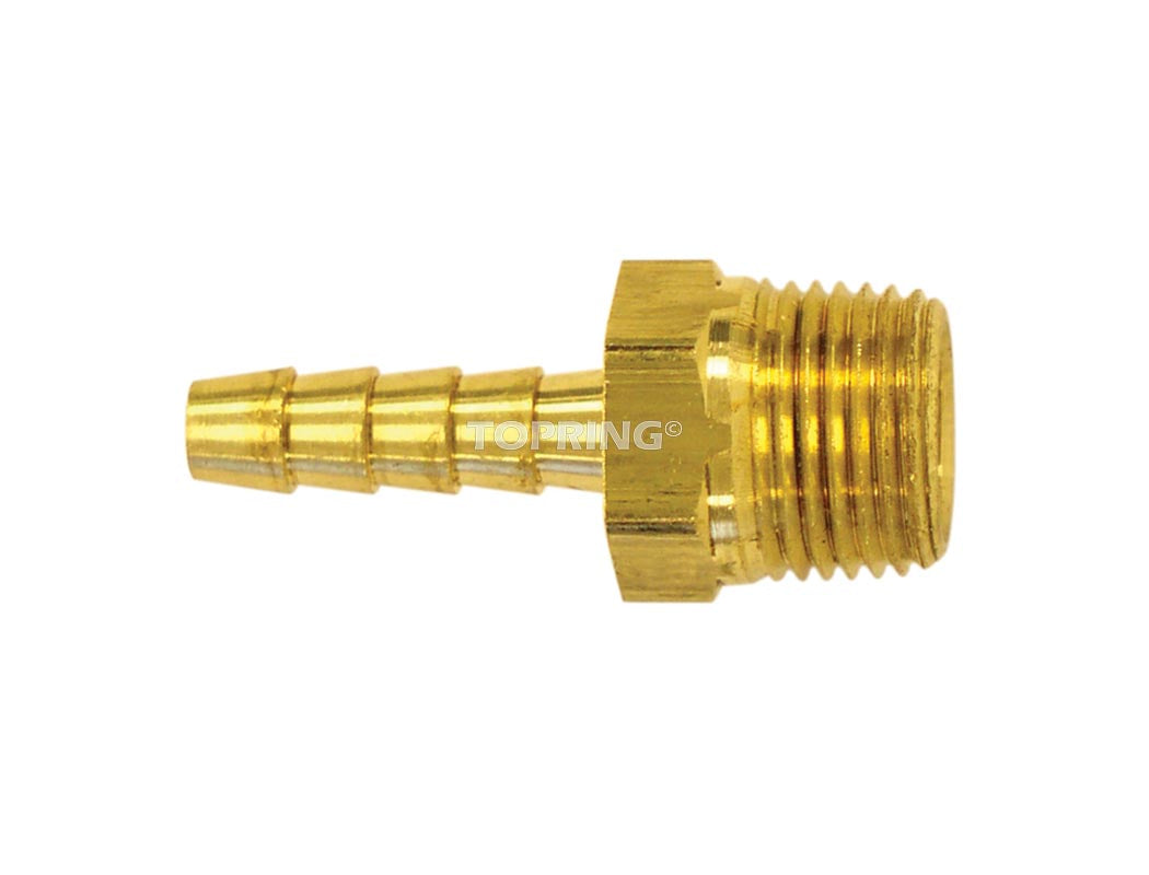 Brass hose barb fitting 1/2 inch ID with 1/4 inch male NPT threaded end for air and fluid connections