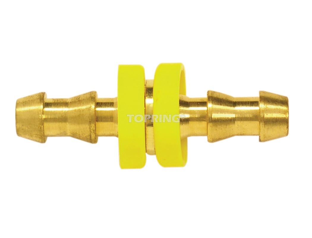 Brass 1/4 inch push-on hose fitting with yellow protective rings for secure air hose connections and 300 PSI max pressure
